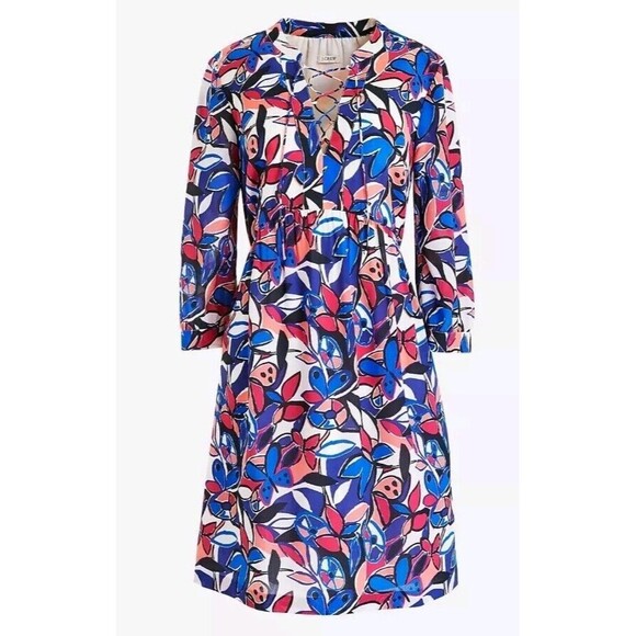J.Crew Lace Up Abstract Butterfly Print Shift Dress 3/4 Sleeve‎ Blue Pink Size S - Picture 1 of 10